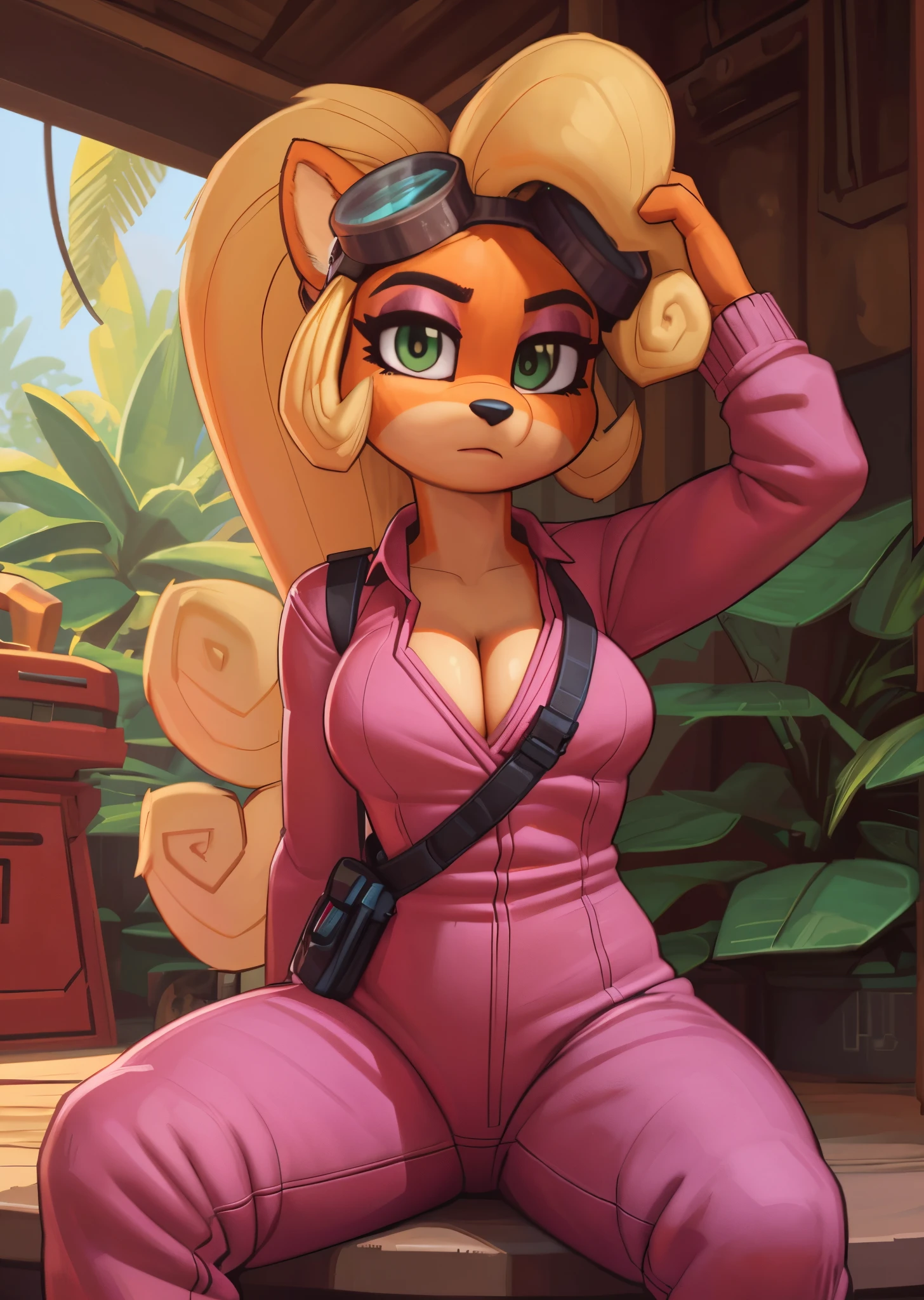 [Coco bandicoot], [Uploaded to e621.net; (Pixelsketcher), (wamudraws)], ((masterpiece)), ((HD)), ((solo portrait)), ((full body)), ((front view)), ((furry; anthro)), ((detailed fur)), ((detailed shading)), ((beautiful render art)), ((intricate details)), {anthro; orange fur, black nose, (cute green eyes), (pink eyeshadow), blonde curly hair, curly ponytail, (small boobs), (curvy hips), (expressionless)}, {(pink jumpsuit), (long sleeves), (cleavage), (utility belt), (yellow boots), (goggles on head)}, {(sitting), (hand on head), (looking at viewer)}, [background; (tropical forest), (garage), (blue sky), (sun rays), (ambient lighting)]