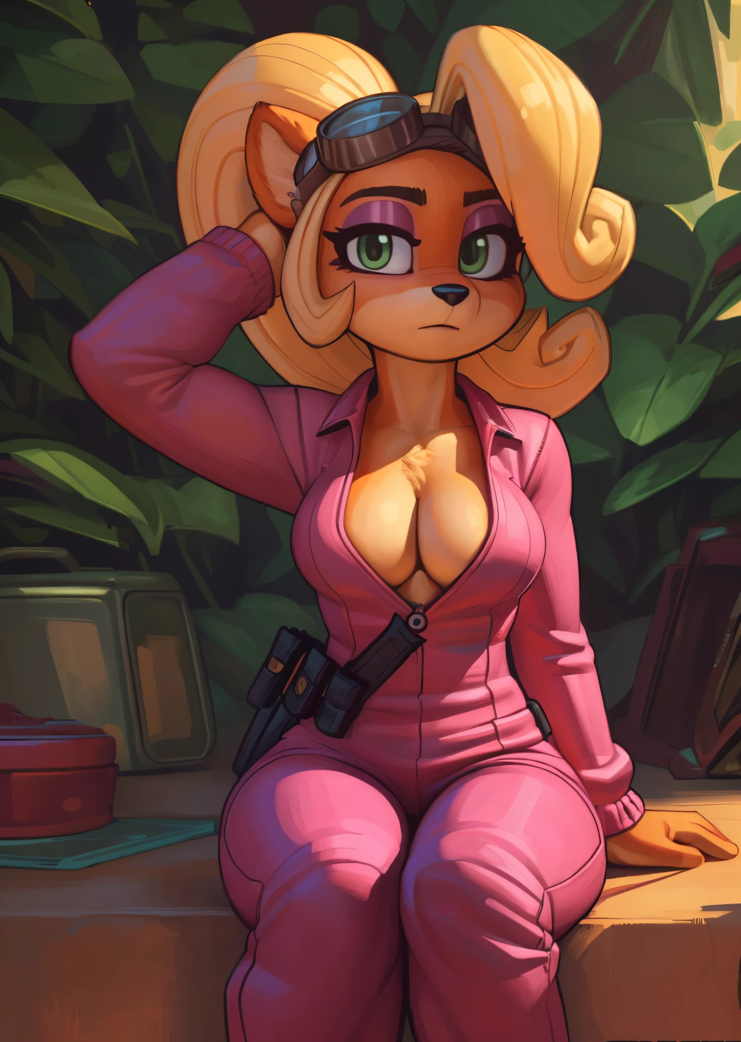 [Coco bandicoot], [Uploaded to e621.net; (Pixelsketcher), (wamudraws)], ((masterpiece)), ((HD)), ((solo portrait)), ((full body)), ((front view)), ((furry; anthro)), ((detailed fur)), ((detailed shading)), ((beautiful render art)), ((intricate details)), {anthro; orange fur, black nose, (cute green eyes), (pink eyeshadow), blonde curly hair, curly ponytail, (small boobs), (curvy hips), (expressionless)}, {(pink jumpsuit), (long sleeves), (cleavage), (utility belt), (yellow boots), (goggles on head)}, {(sitting), (hand on head), (looking at viewer)}, [background; (tropical forest), (garage), (blue sky), (sun rays), (ambient lighting)]
