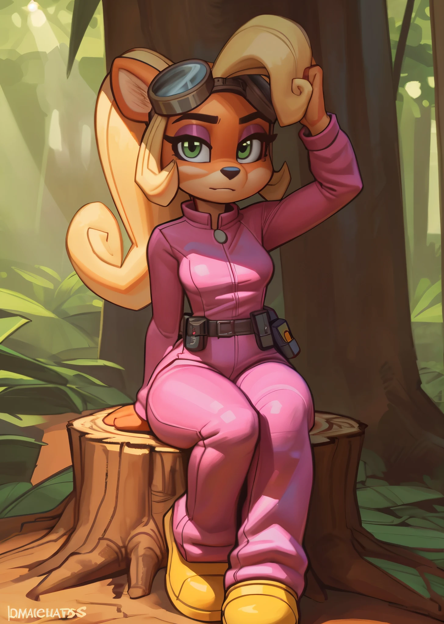 [Coco bandicoot], [Uploaded to e621.net; (Pixelsketcher), (wamudraws)], ((masterpiece)), ((HD)), ((solo portrait)), ((full body)), ((front view)), ((feet visible)), furry; anthro)), ((detailed fur)), ((detailed shading)), ((beautiful render art)), ((intricate details)), {anthro; orange fur, black nose, (cute green eyes), (pink eyeshadow), blonde curly hair, curly ponytail, (small boobs), (curvy hips), (expressionless)}, {(pink jumpsuit), (long sleeves), (utility belt), (yellow boots), (goggles on head)}, {(sitting on tree stump), (hand on head), (looking at viewer)}, [background; (tropical forest), (garage), (blue sky), (sun rays), (ambient lighting)]