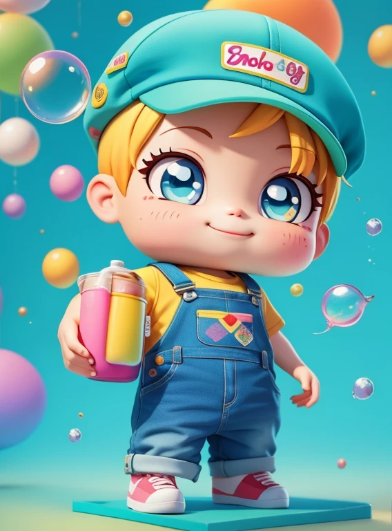 a cartoon boyl with cap smiling, overalls, Many bubbles, tricycle, super cute funky boy, cute detailed digital art, Portrait of a Lisa Frank, beautiful digital art, cartoon art cartoon, cartoon art style, full-color illustration, advanced digital chibi art, Cartoon style illustration, adorable digital painting, Beautiful art style, Lisa Frank Style, cute cartoon character, colorful graffiti