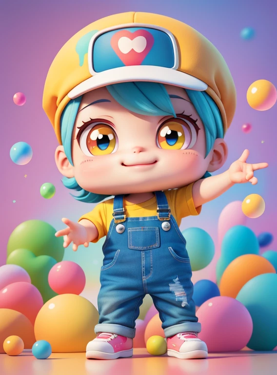 a cartoon boyl with cap smiling, overalls, Many bubbles, tricycle, super cute funky boy, cute detailed digital art, Portrait of a Lisa Frank, beautiful digital art, cartoon art cartoon, cartoon art style, full-color illustration, advanced digital chibi art, Cartoon style illustration, adorable digital painting, Beautiful art style, Lisa Frank Style, cute cartoon character, colorful graffiti