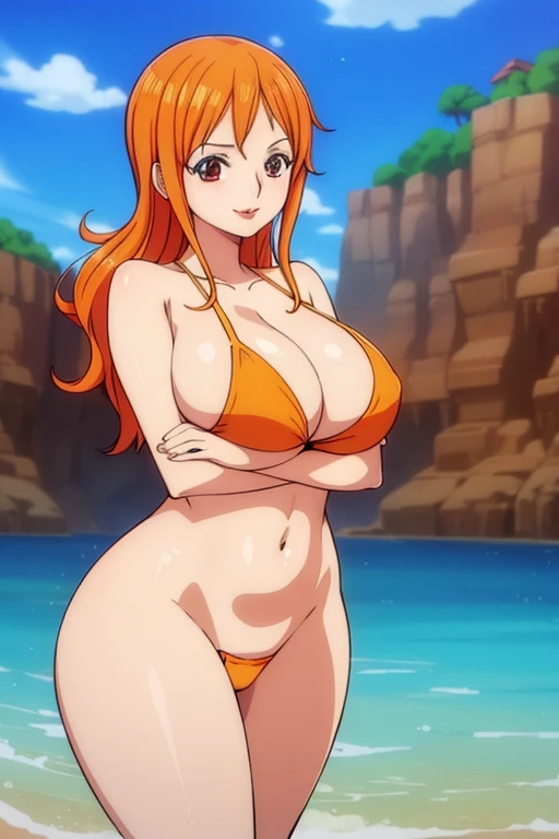 Nami from one piece Naked women ass facing screen Code Geass, Kallen Stadfeldt 1girl) orange hair, puffy lips, painted lips, thick lips, wide hips, thick thighs, breast, huge ass, cleavage, smile face, bubble butt, camel toe, Breasts, naked , brown eye, perfect body