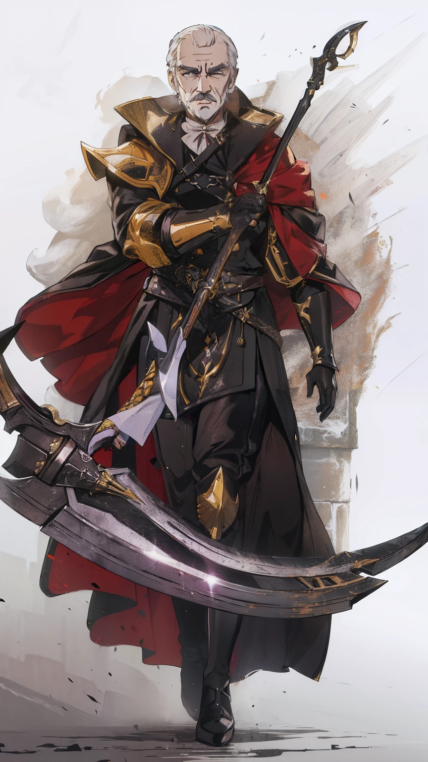 ((Sean Connery)) dressed in a black Victorian coat with an arm in golden armor holding a giant scythe 4k HD