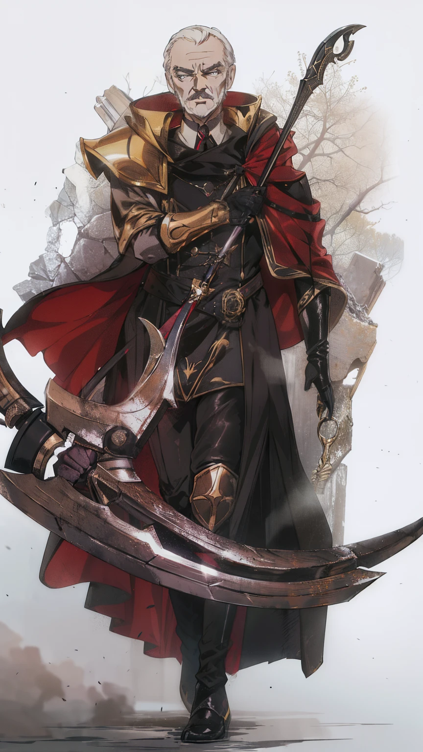 ((Sean Connery)) dressed in a black Victorian coat with an arm in golden armor holding a giant scythe 4k HD