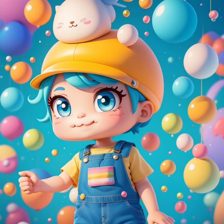 a cartoon boyl with cap smiling, overalls, Many bubbles, car, super cute funky boy, cute detailed digital art, Portrait of a Lisa Frank, beautiful digital art, cartoon art cartoon, cartoon art style, full-color illustration, advanced digital chibi art, Cartoon style illustration, adorable digital painting, Beautiful art style, Lisa Frank Style, cute cartoon character, colorful graffiti