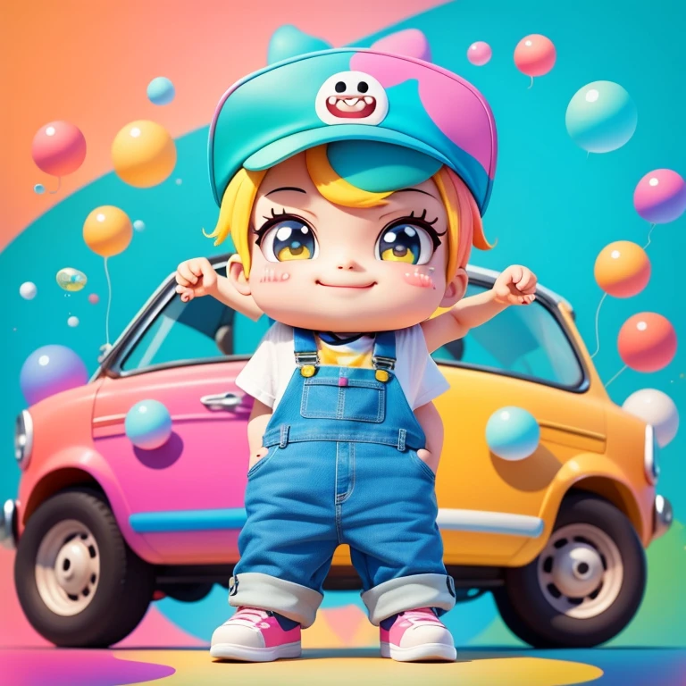 a cartoon boyl with cap smiling, overalls, Many bubbles, car, super cute funky boy, cute detailed digital art, Portrait of a Lisa Frank, beautiful digital art, cartoon art cartoon, cartoon art style, full-color illustration, advanced digital chibi art, Cartoon style illustration, adorable digital painting, Beautiful art style, Lisa Frank Style, cute cartoon character, colorful graffiti