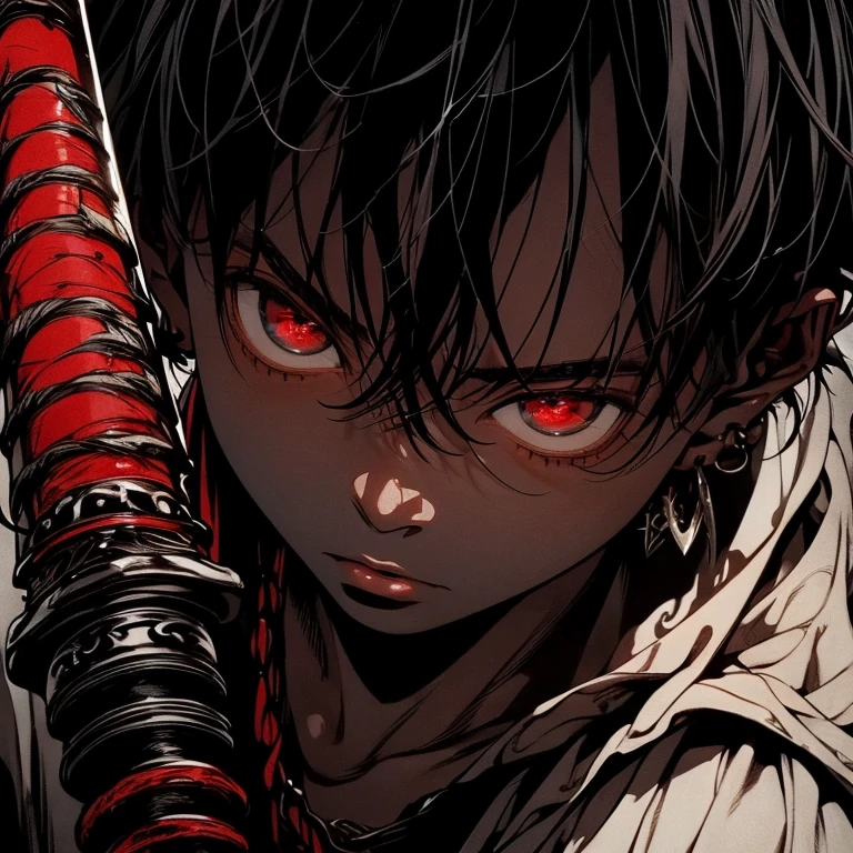 a dark skinned boy, with a red iris, aged , short kid, white hair, strong gaze, amidst the forest, vagabond art style, kentaro miura art style, berserk style, holding sword, Close up angle, basic sword fighting stance, pose