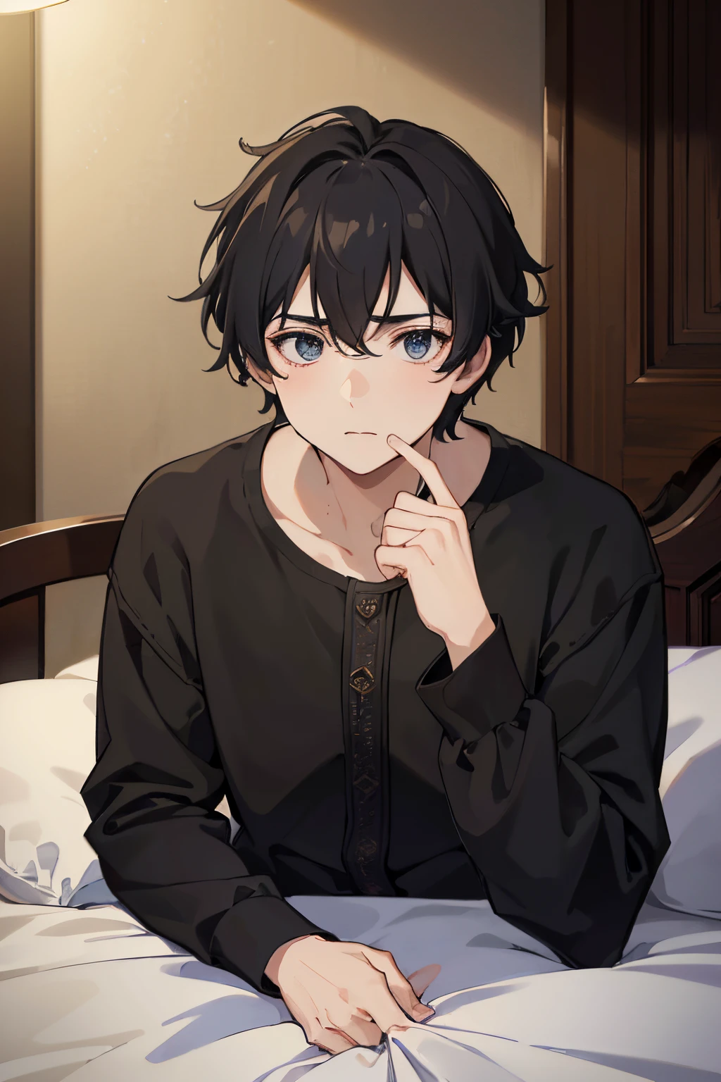 (best quality, 4k, 8k, high resolution, masterpiece: 1.2), ultra-detailed, medieval era, boy, 15 years old, short messy black hair, dark eyes, surprised, noble sleepwear, sitting on a bed noble, vivid colors, portrait, soft lighting, mystical atmosphere