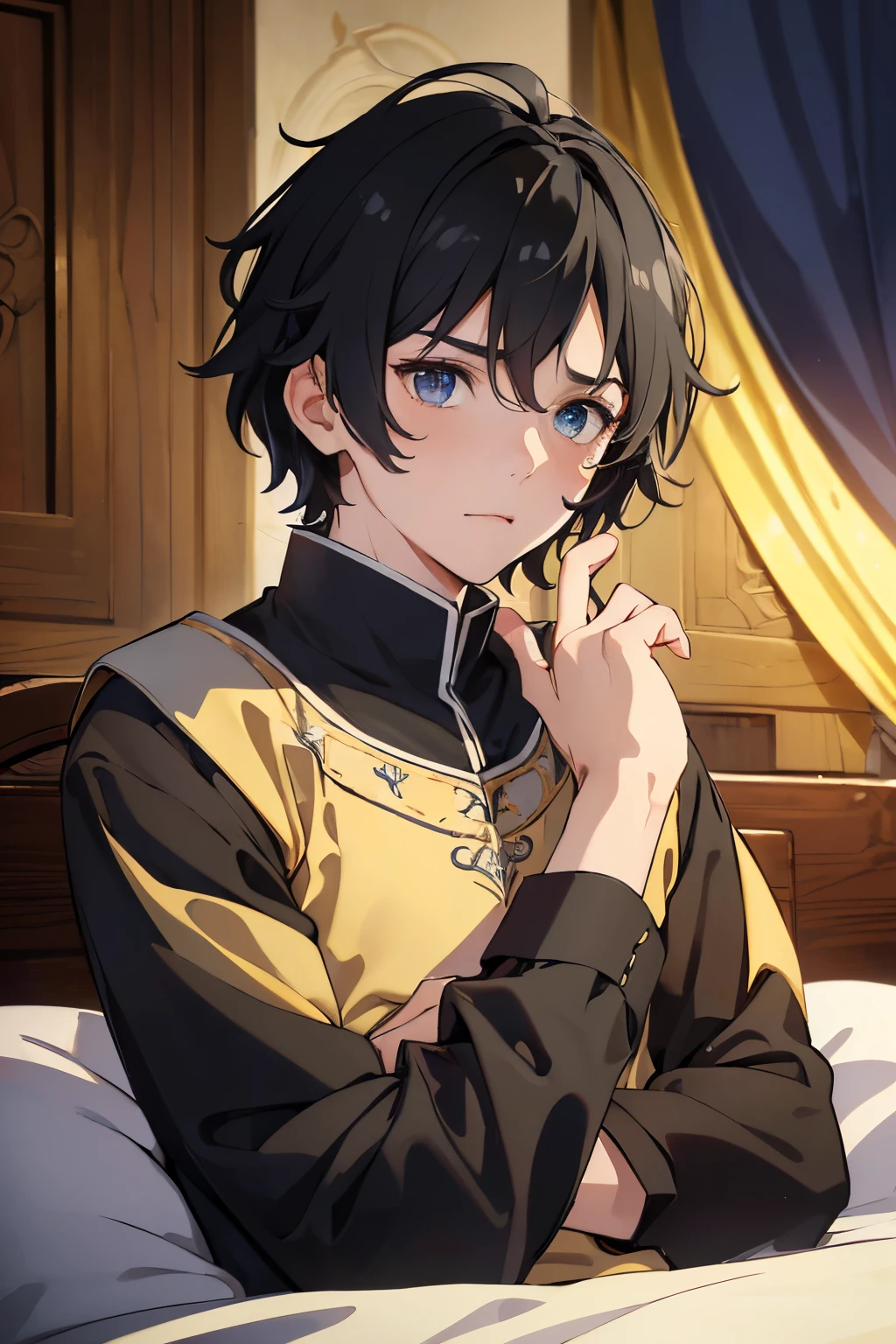 (best quality, 4k, 8k, high resolution, masterpiece: 1.2), ultra-detailed, medieval era, boy, , short messy black hair, dark eyes, surprised, noble sleepwear, sitting on a bed noble, vivid colors, portrait, soft lighting, mystical atmosphere