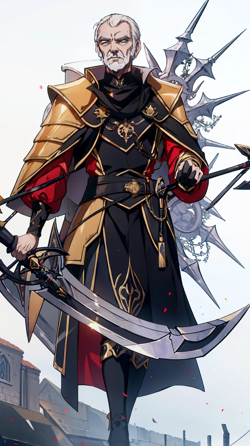 ((Sean Connery)) dressed in a black Victorian coat with an arm in golden armor holding a giant scythe 4k HD