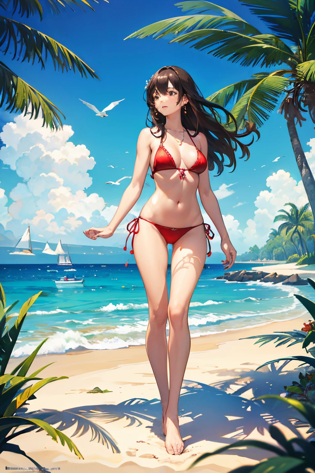 (best quality,4k,highres,masterpiece:1.2),ultra-detailed,realistic,tropical style, red bikini, long brown blackish hair, beautiful hands,lush vegetation,beautiful seashells,soft sandy shore,gentle ocean waves,joyful expression,sparkling brown eyes,endless horizon,warm sunlight,relaxing atmosphere,salty sea breeze,slender figure,confident stride,swaying palm trees,delicate necklace,dangling earrings,serene background noise of seagulls calling,crystal-clear water,melodic sound of waves crashing,perfectly pedicured toes,subtle shimmer on her skin,playful flirtatiousness,delightful summer vibes,vibrant colors of nature,tropical paradise,artistic water reflections. walking towards you