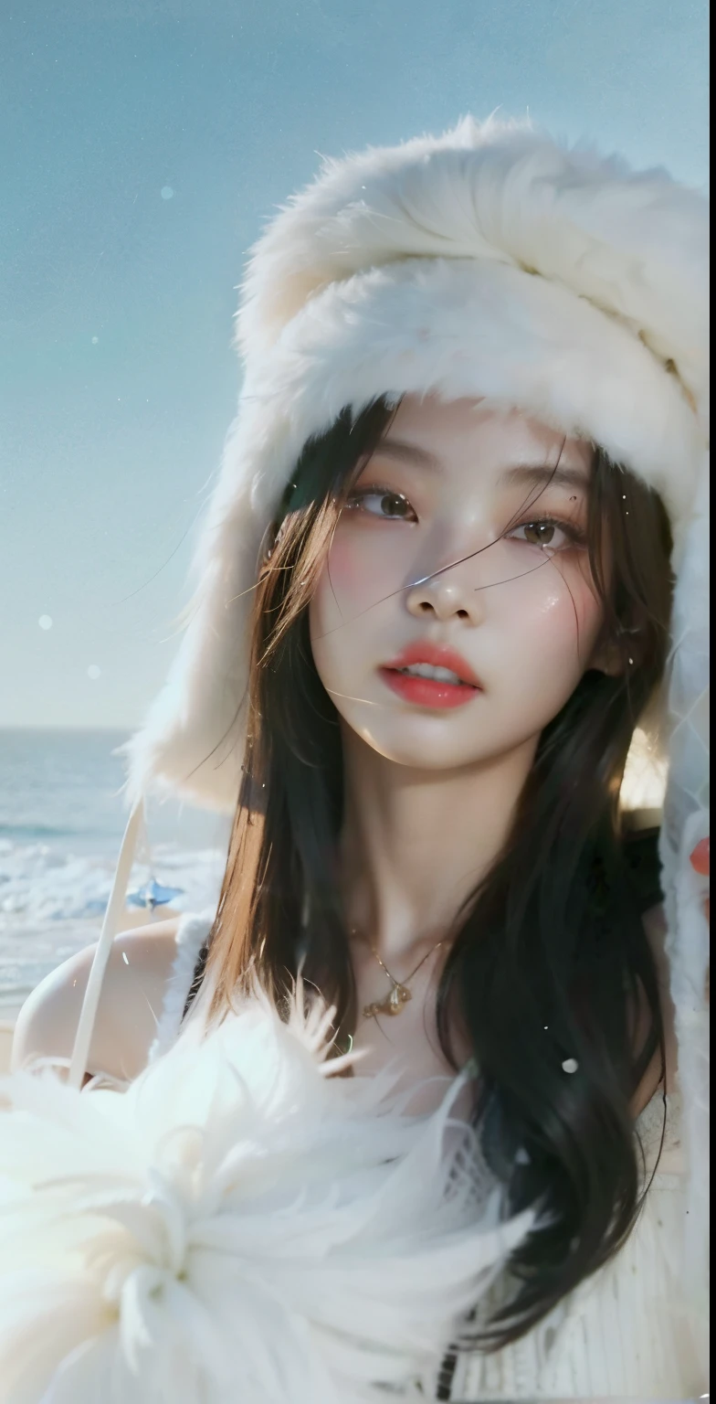 Imagen arafed de una mujer con un sombrero blanco y un abrigo de piel., Obras de arte al estilo de Guweiz, Guweiz, Hermosa mujer surcoreana, Chica coreana, realista. Cheng Yi, Retrato de Jossi de Blackpink, Blackpink Jennie, Heonhwa Choe, ulzzang, Retrato Jisoo Blackpink, Jaeyeon Nam, Yanjun Chengt