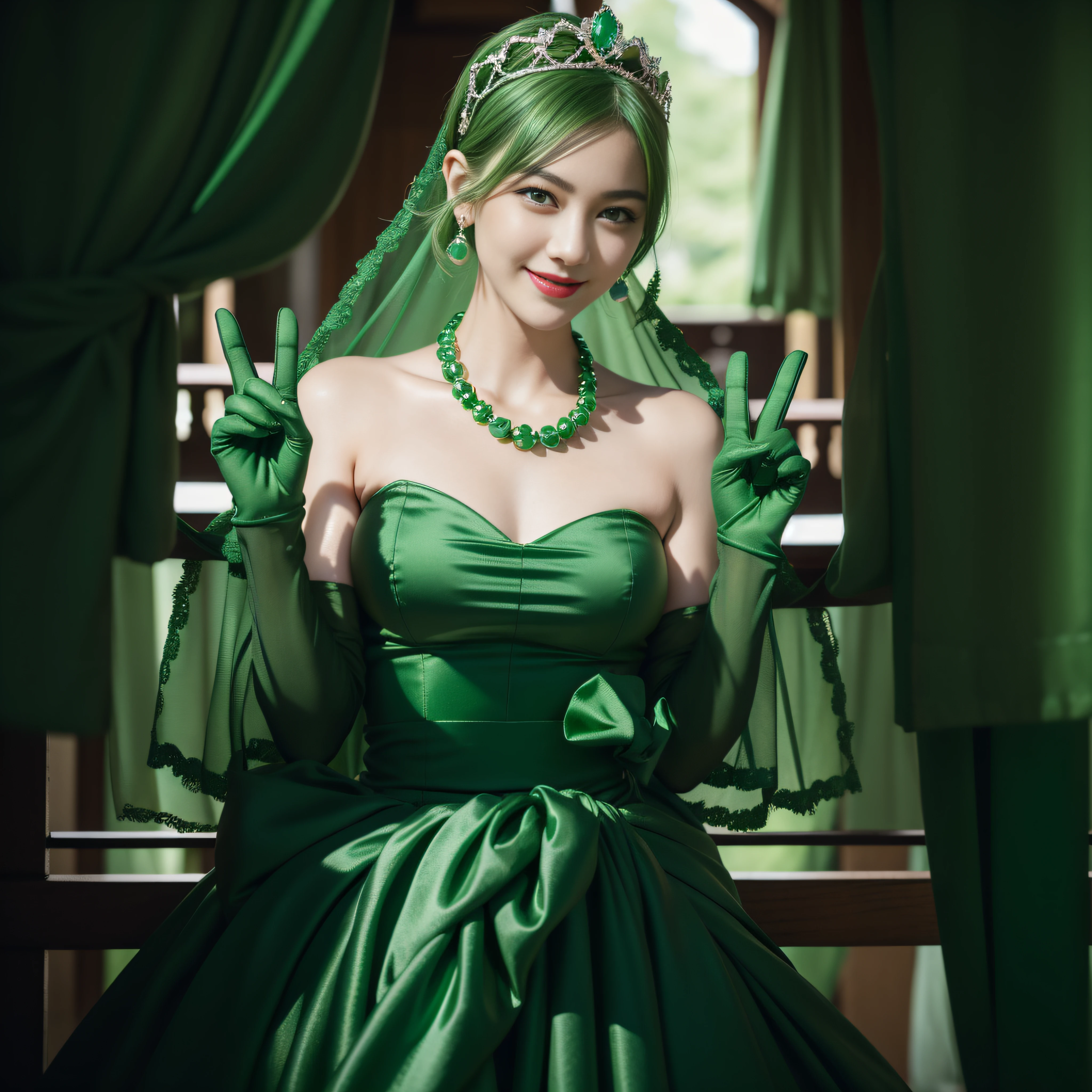 emerald tiara, Green Pearl Necklace, Boyish very short green hair, lipsticks, Japan woman smiling, very short short hair,  big breasts beautiful, Green eyes, Long green gloves made of satin material, Green eyes, Emerald Earrings, green vale, v sign