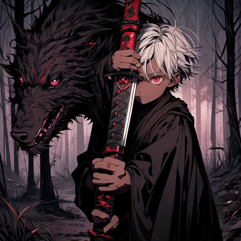 a dark skinned boy, with a red iris, aged six years, short ???, white hair, strong gaze, amidst the forest, vagabond art style, kentaro miura art style, berserk style, holding sword, wide angle, basic sword fighting stance, pose, black robe dramatic, action pose, dynamic pose.