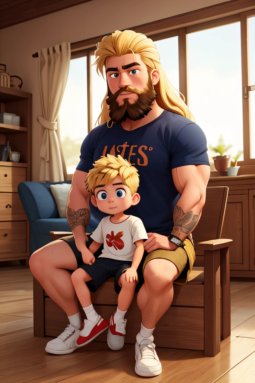 "brother with big hair and beard with brother in blonde hair on his lap, brother wants to be arretada and strong, Little boy is seen wearing shorts, master part, Realistic, high resolution, alta qualidade, extremely high quality, best quality, Ultra Detalhado, extremamente detalhado,