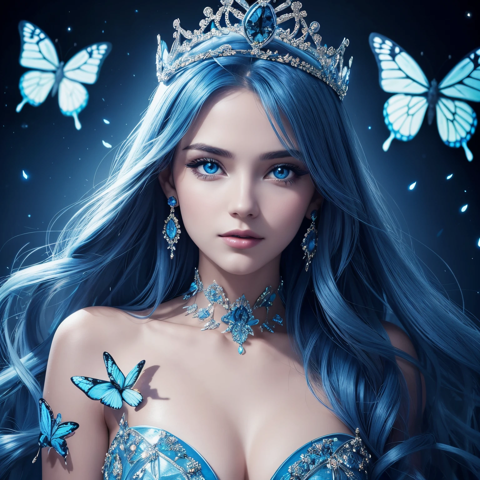 A Beauty Queen beautiful girl with a very attractive face LOGO with a face similar to Anntonia Porsild, a blue light crown with butterfly blue light motifs, blue light butterfly evening gown portrait and a unique blue effect and the words 'SDTG' in light blue color in moderate size unique effect