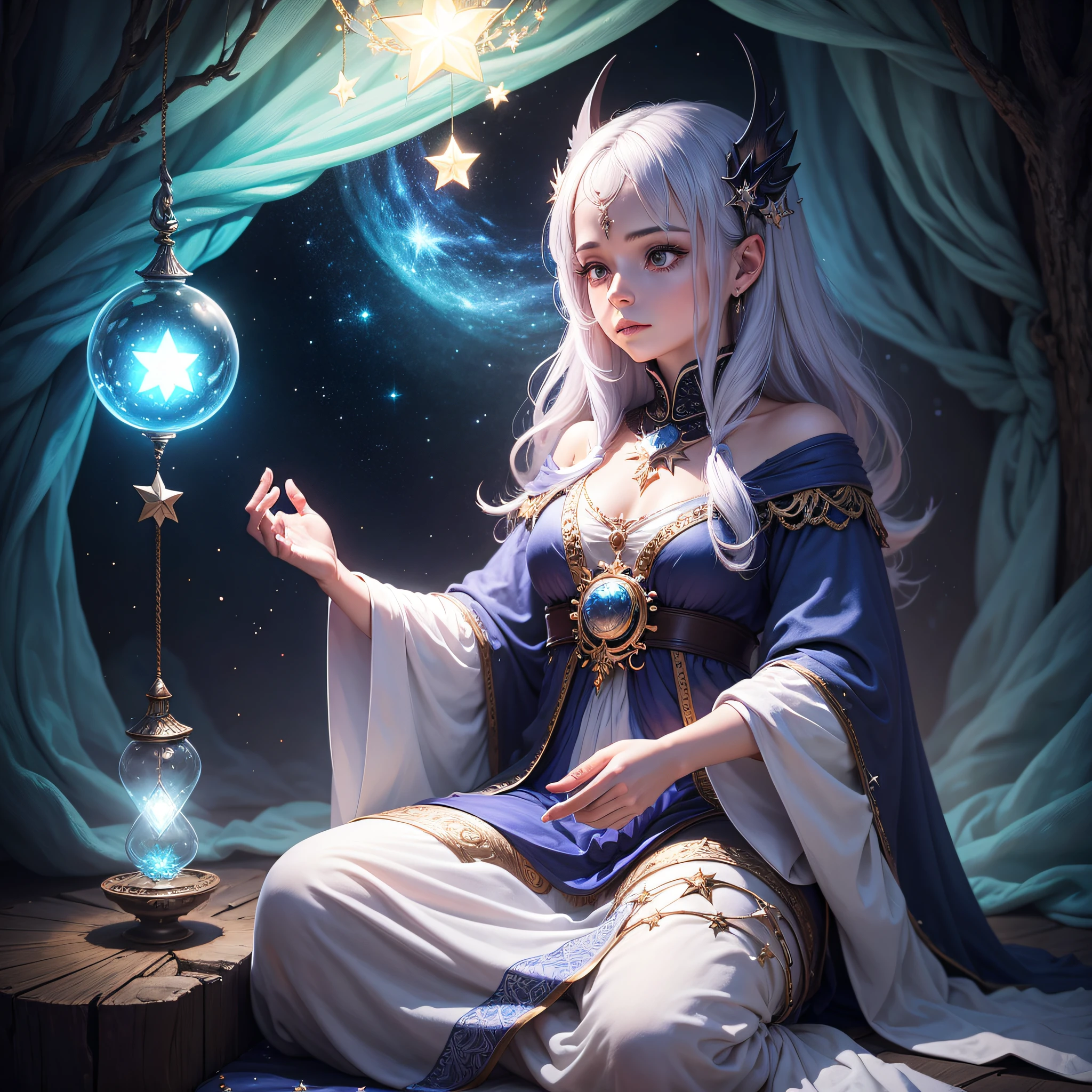 uma fada dos sonhos, surrealistic magical look, sentada meditando, with a star and hands