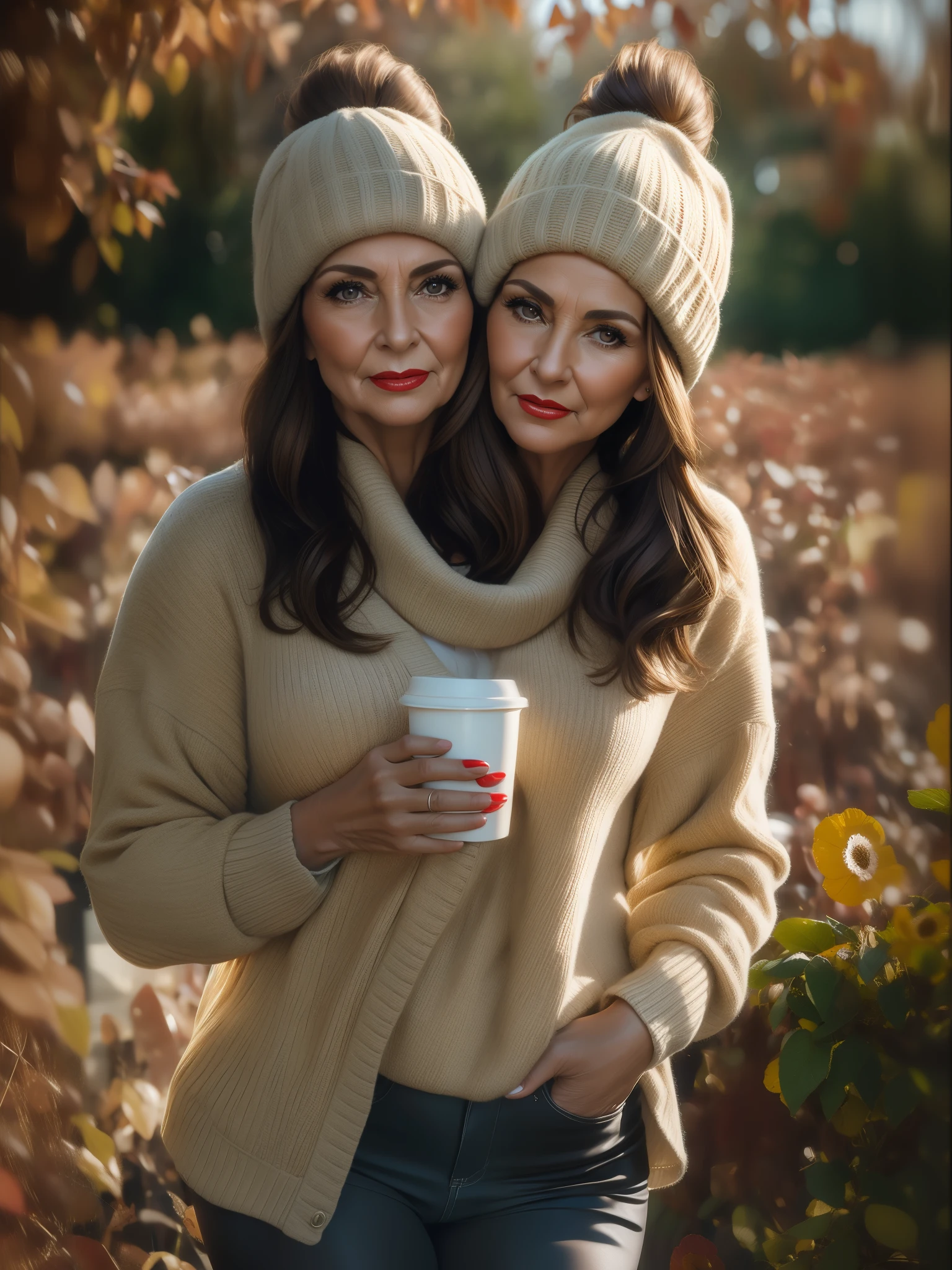 2 heads,Portrait of a 60 year old woman with brown hair, a captivating gaze, Brown eyes, Wrinkles on her face, Black pantyhose,She wears very sexy lingerie that reveals her big sagging breasts, Light makeup and red lips. 32K