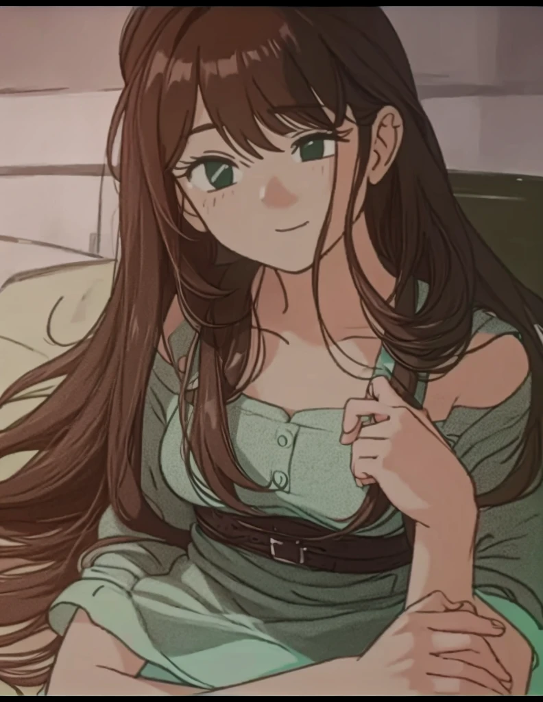 A beautiful woman with long brown hair is standing in a green dress-like outfit。