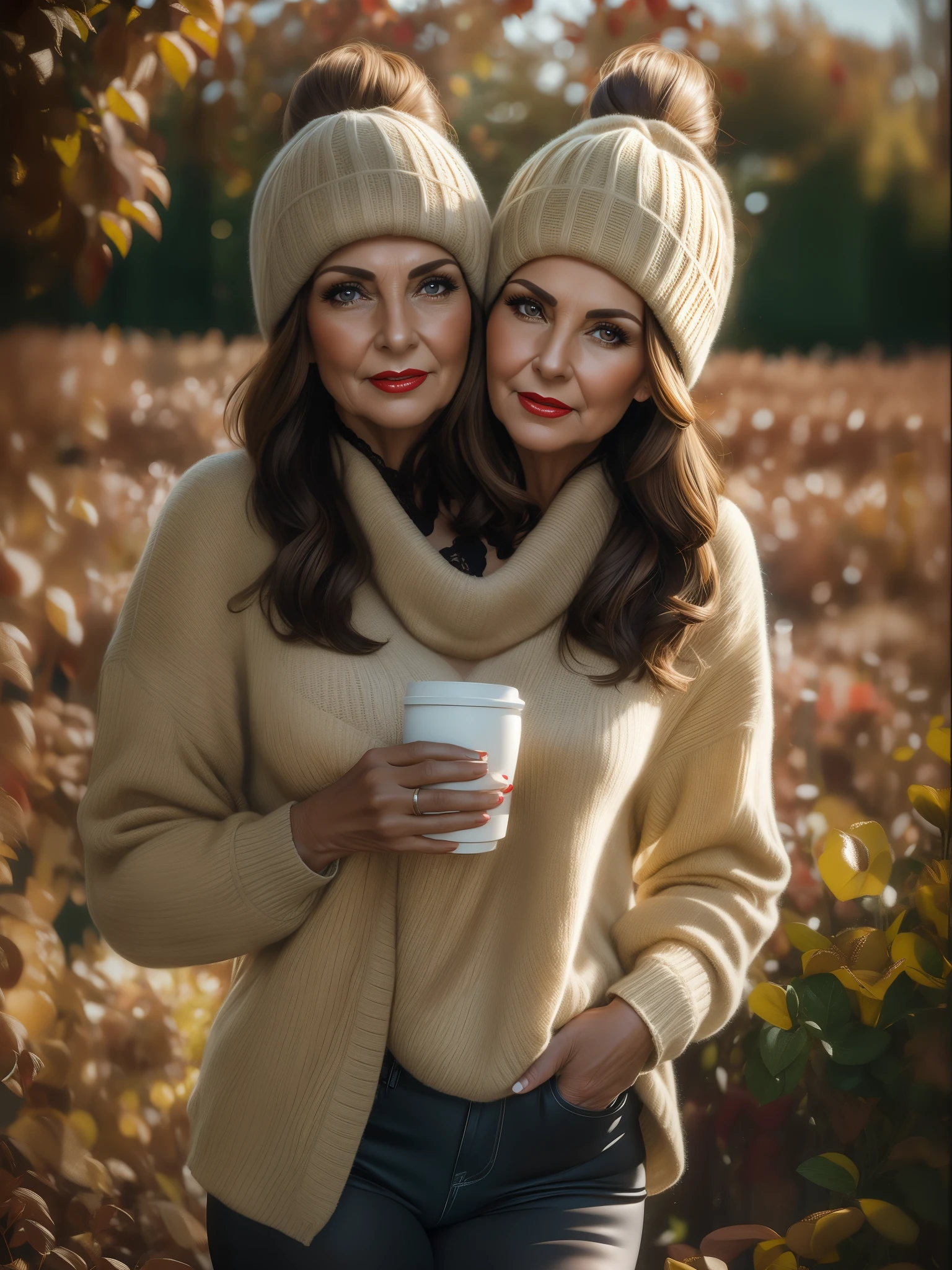 2 heads,Portrait of a 60 year old woman with brown hair, a captivating gaze, Brown eyes, Wrinkles on her face, Black pantyhose,She wears very sexy lingerie that reveals her big sagging breasts, Light makeup and red lips. 32K