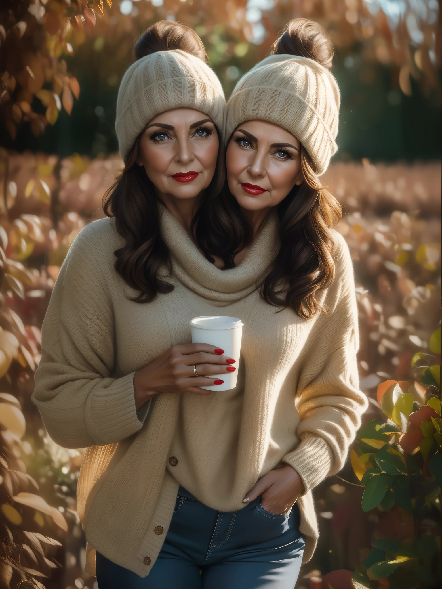 2 heads,Portrait of a 60 year old woman with brown hair, a captivating gaze, Brown eyes, Wrinkles on her face, Black pantyhose,She wears very sexy lingerie that reveals her big sagging breasts, Light makeup and red lips. 32K