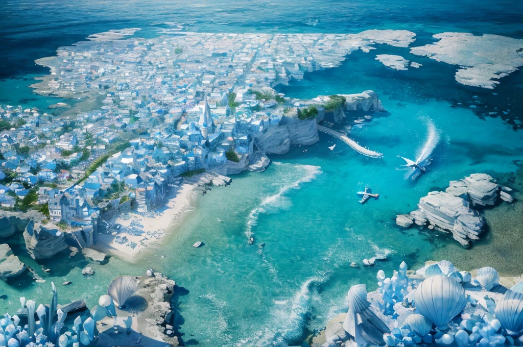 (Best quality,4K,8K,A high resolution,tmasterpiece:1.2),ultra - detailed,Undersea boat-shaped fairy tale village,Soft blue and white,decorative shells,crystal-clear water,Sparkling waves,sparkling reflections,Seagulls flying above,tranquil ambiance,friendly villagers,stunning sea view,Playful dolphin swimming,Fantasy realm,secluded seabed,kids playing,Secrets hidden beneath the surface