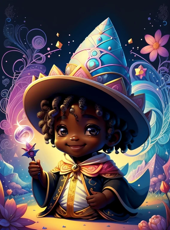 (cute black wizard smiling with a flower magic wand in an enchanted florest) Munchkin,Geometric multidimensional wall portrait, livro de arte, Tchibi,
Yang08k, Beautiful, Colouring,
Obras, of the highest quality, best quality, Arte Oficial, Beautiful and Aesthetic,