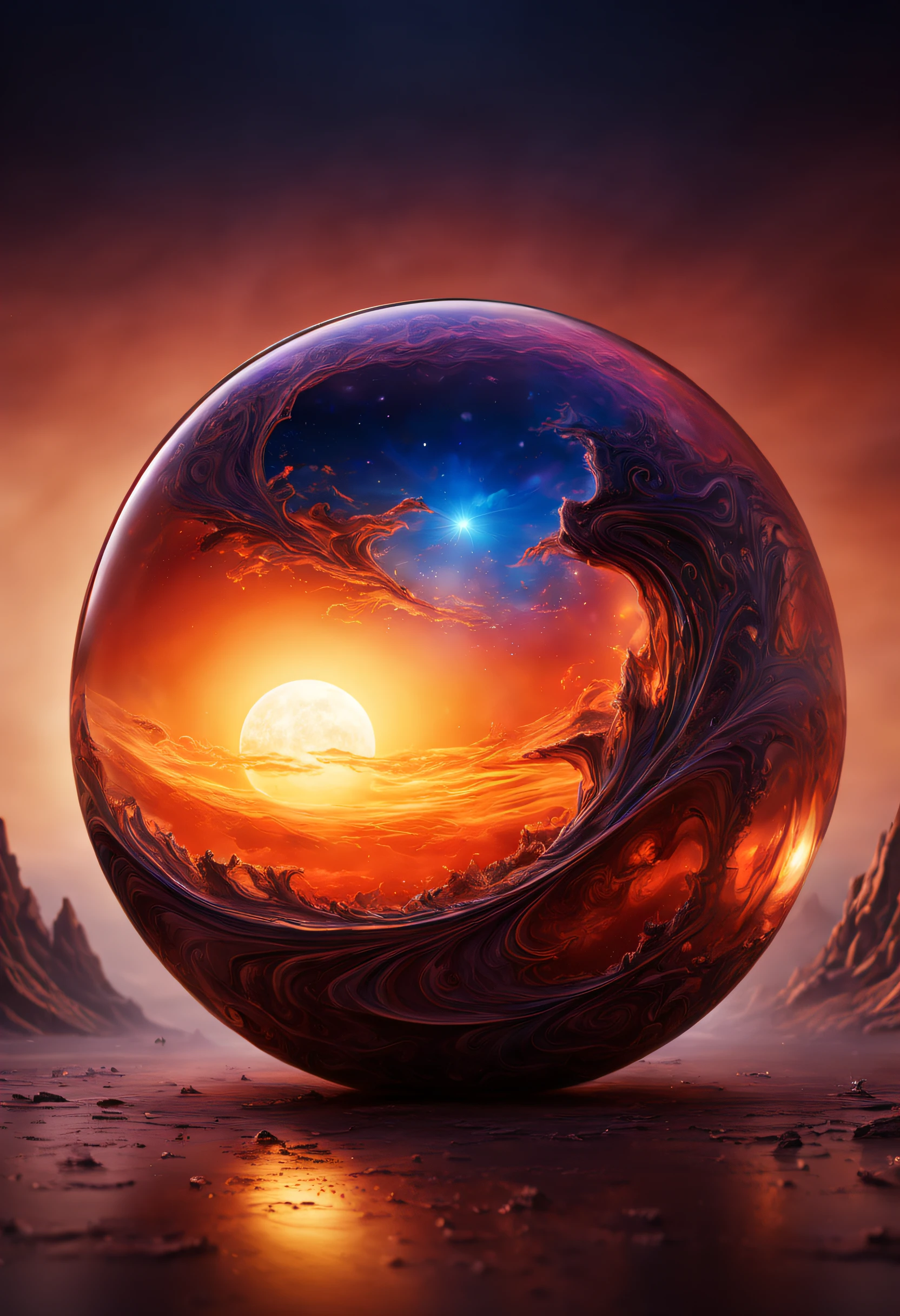 a magnificent sunset on a strange and mysterious alien glass style planete. It's very textured and detailed with dreaming lot of whirlwind and dreaming dust