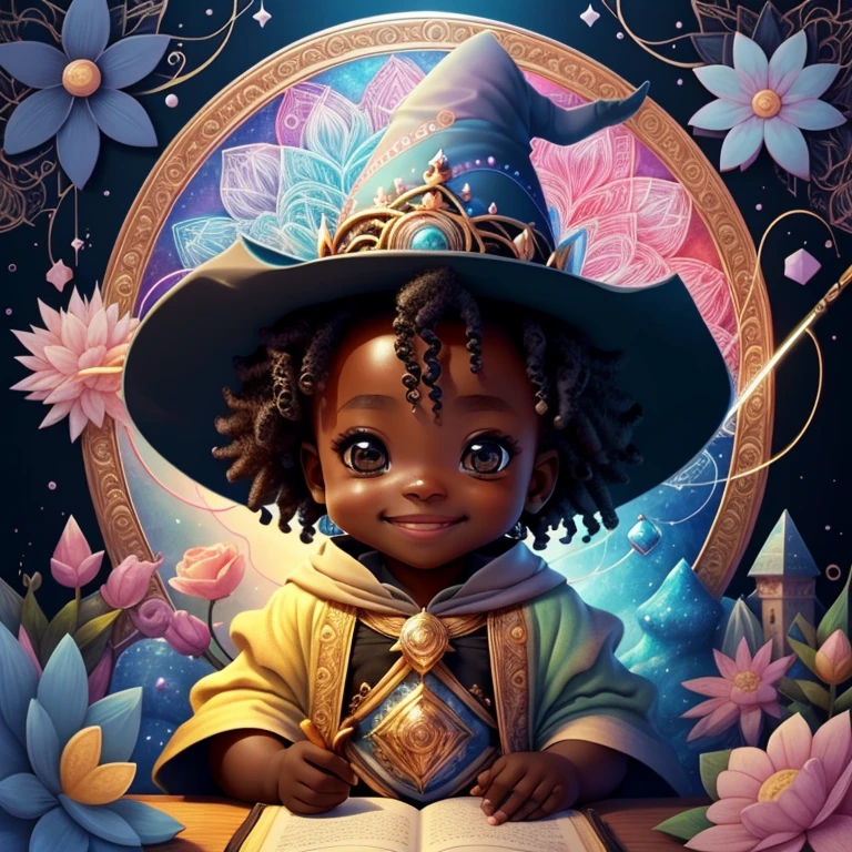 (cute black baby wizard smiling with a flower magic wand in an enchanted florest) Munchkin,Geometric multidimensional wall portrait, livro de arte, Tchibi,
Yang08k, Beautiful, Colouring,
Obras, of the highest quality, best quality, Arte Oficial, Beautiful and Aesthetic,