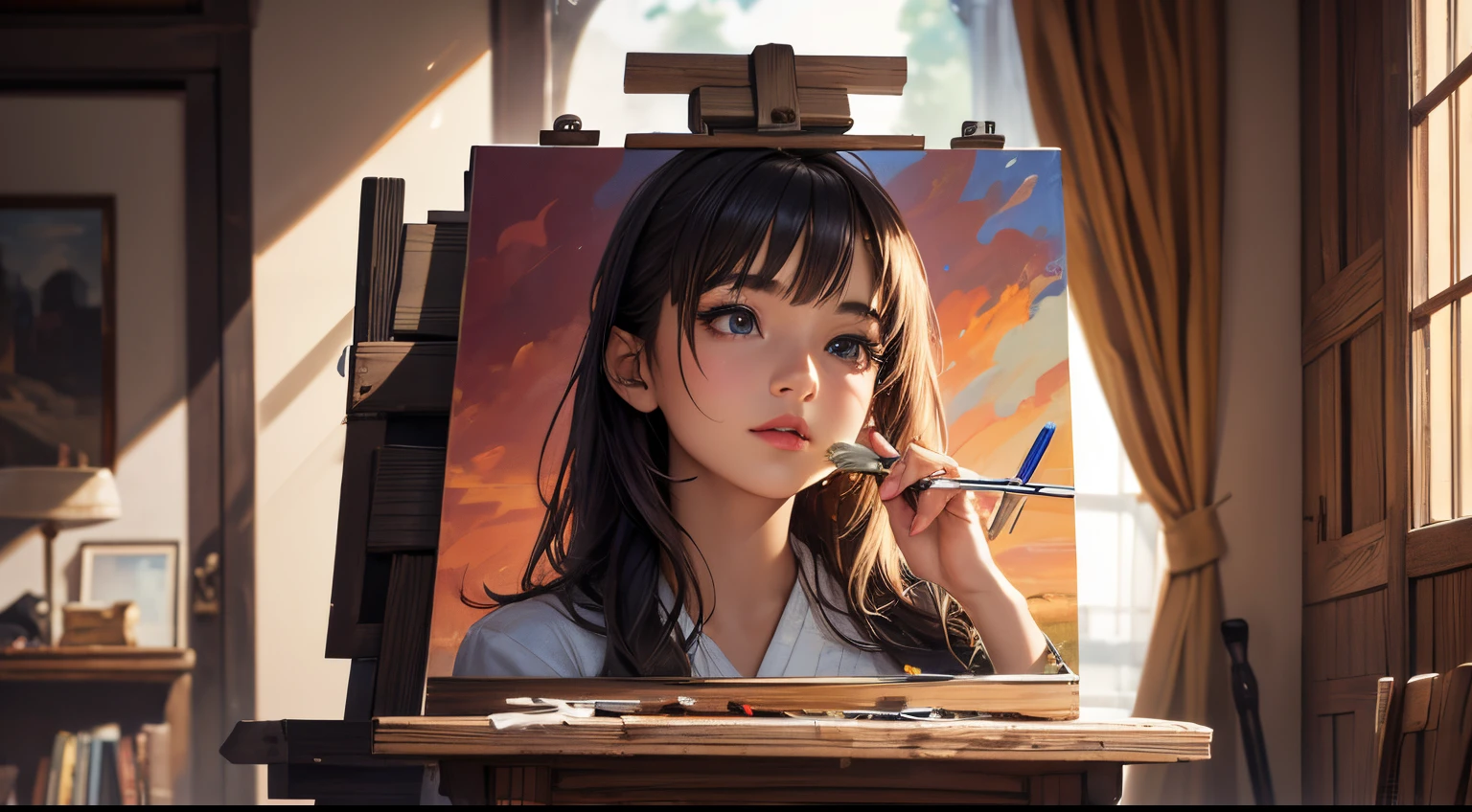 Menina bonita pintando uma tela e fundo alegre com outros quadros