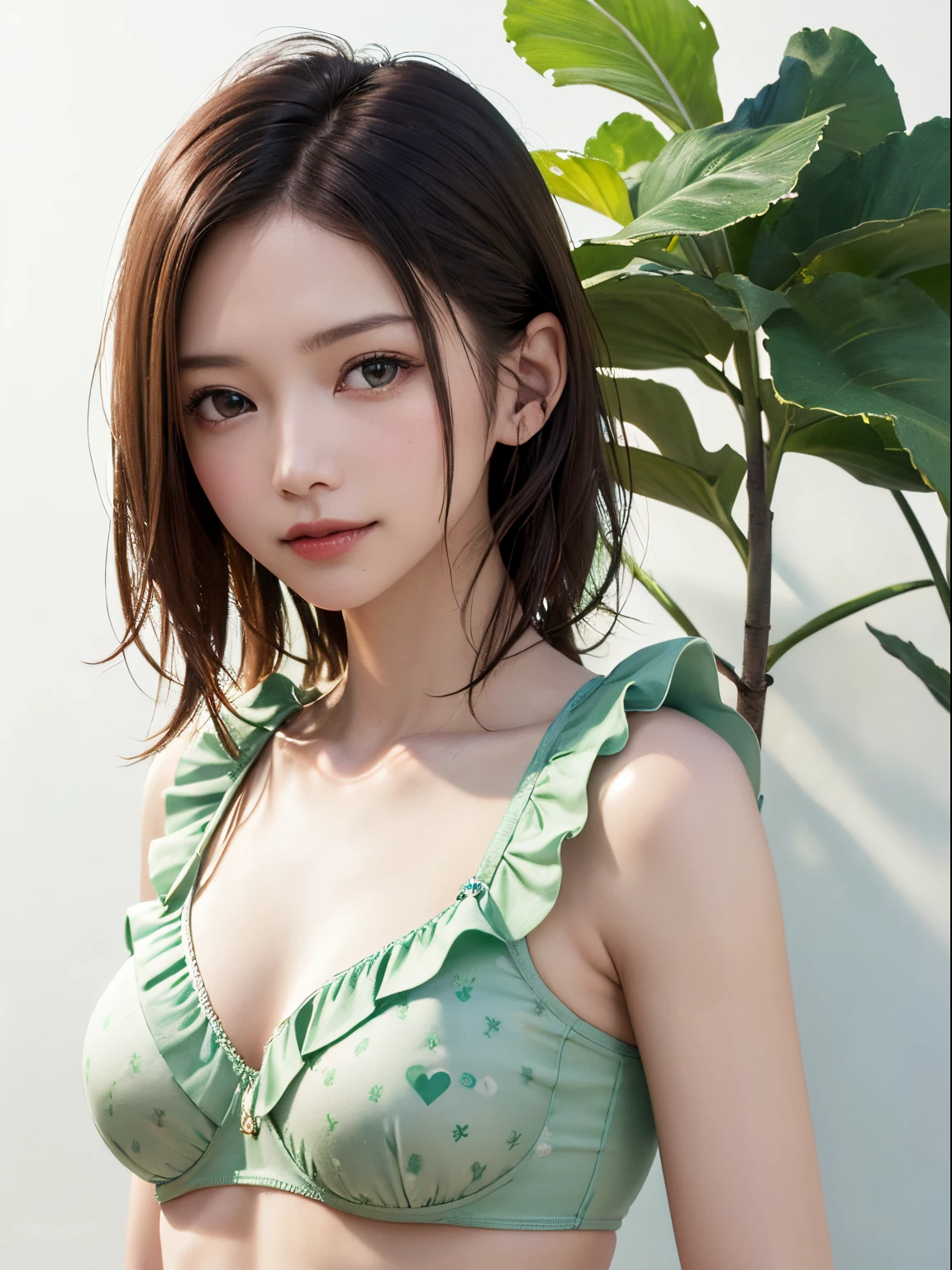 (top-quality、8K、32K、​masterpiece、nffsw:1.2)、(Raw photography)、(realisitic)、(Photorealsitic:1.2)、(hight resolution)、ultra-detailliert、extremely beautiful face and eyes、1girl in、round small face、big breasts thin waist、Delicate body、(a closeup、top-quality、high detailing、rich skin detail、nffsw)、(Best Quality、8K、oilpaint:1.2)、Ultra-detailed、(Realistic、Photorealistic:1.37)、Vibrant colors、(((cheeks are flushed)))、(((Female face)))、(((Emerald green underwear)))、(((Heart Print Bra)))、(((Bewitching atmosphere)))、(((A smile)))、(((bustshot)))、(((white backgrounid)))、((short-hair))、(((Pure white wall background)))、(((she is wearing light green underwear.)))、(((Pure white wall background)))、(((Bra with frills)))