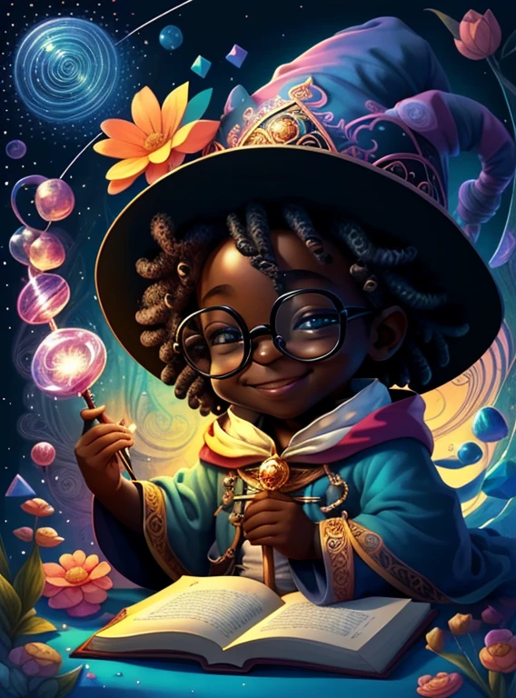 (cute black baby wizard smiling with glasses and with a flower magic wand in an enchanted florest) Munchkin,Geometric multidimensional wall portrait, livro de arte, Tchibi,
Yang08k, Beautiful, Colouring,
Obras, of the highest quality, best quality, Arte Oficial, Beautiful and Aesthetic,