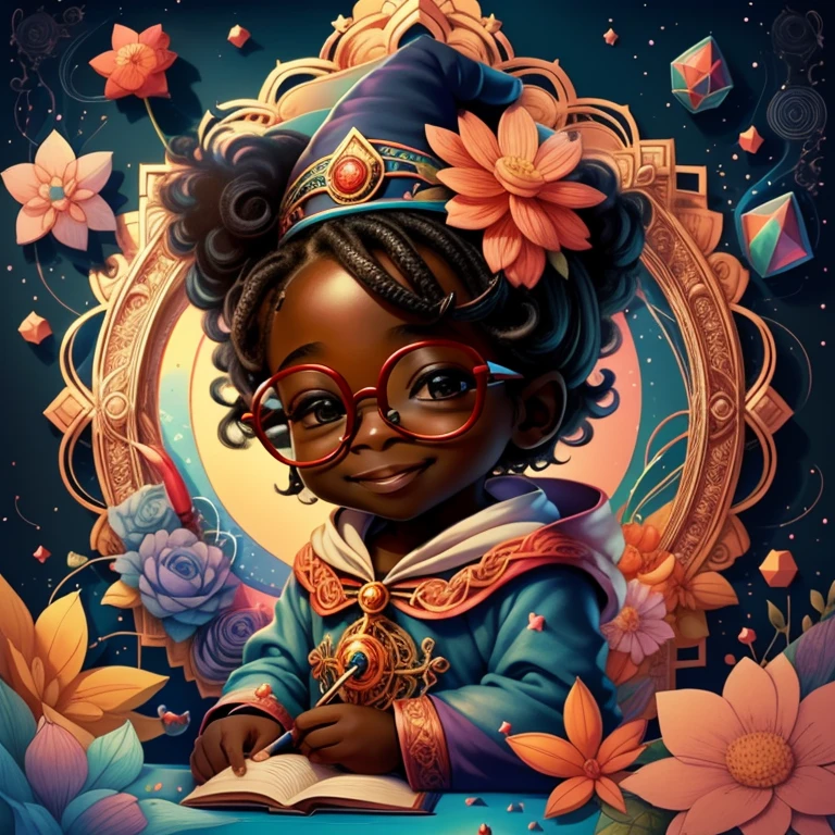 (cute black wizard smiling with red glasses and with a flower magic wand in an enchanted florest) Munchkin,Geometric multidimensional wall portrait, livro de arte, Tchibi,
Yang08k, Beautiful, Colouring,
Obras, of the highest quality, best quality, Arte Oficial, Beautiful and Aesthetic,