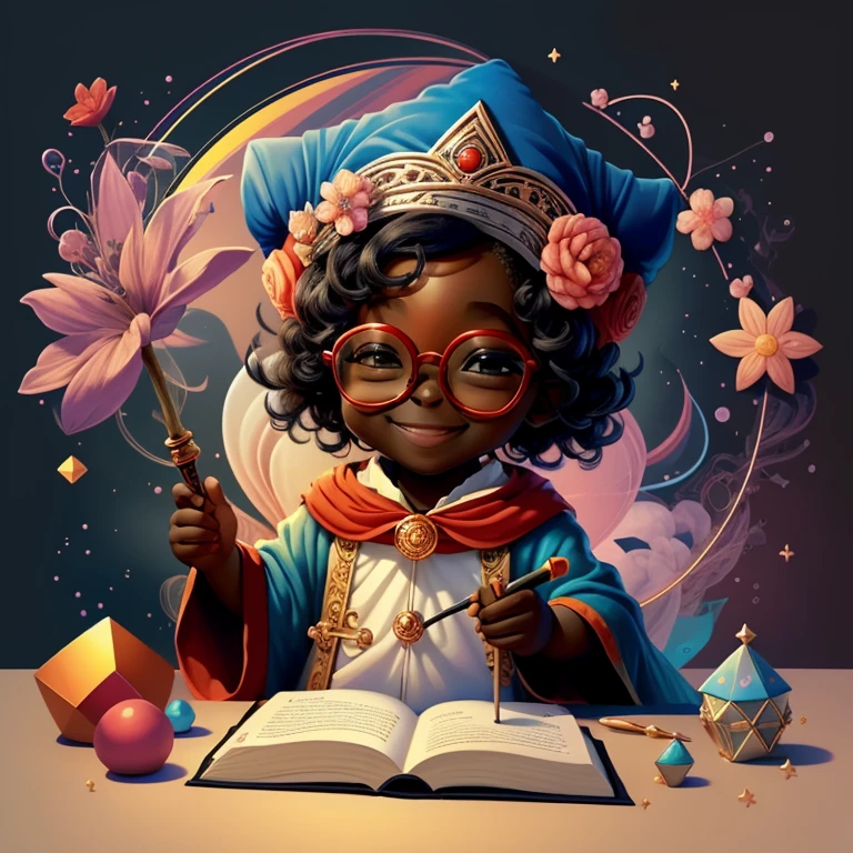 (cute black  wizard smiling with red glasses and with a flower magic wand in an enchanted florest) Munchkin,Geometric multidimensional wall portrait, livro de arte, Tchibi,
Yang08k, Beautiful, Colouring,
Obras, of the highest quality, best quality, Arte Oficial, Beautiful and Aesthetic,