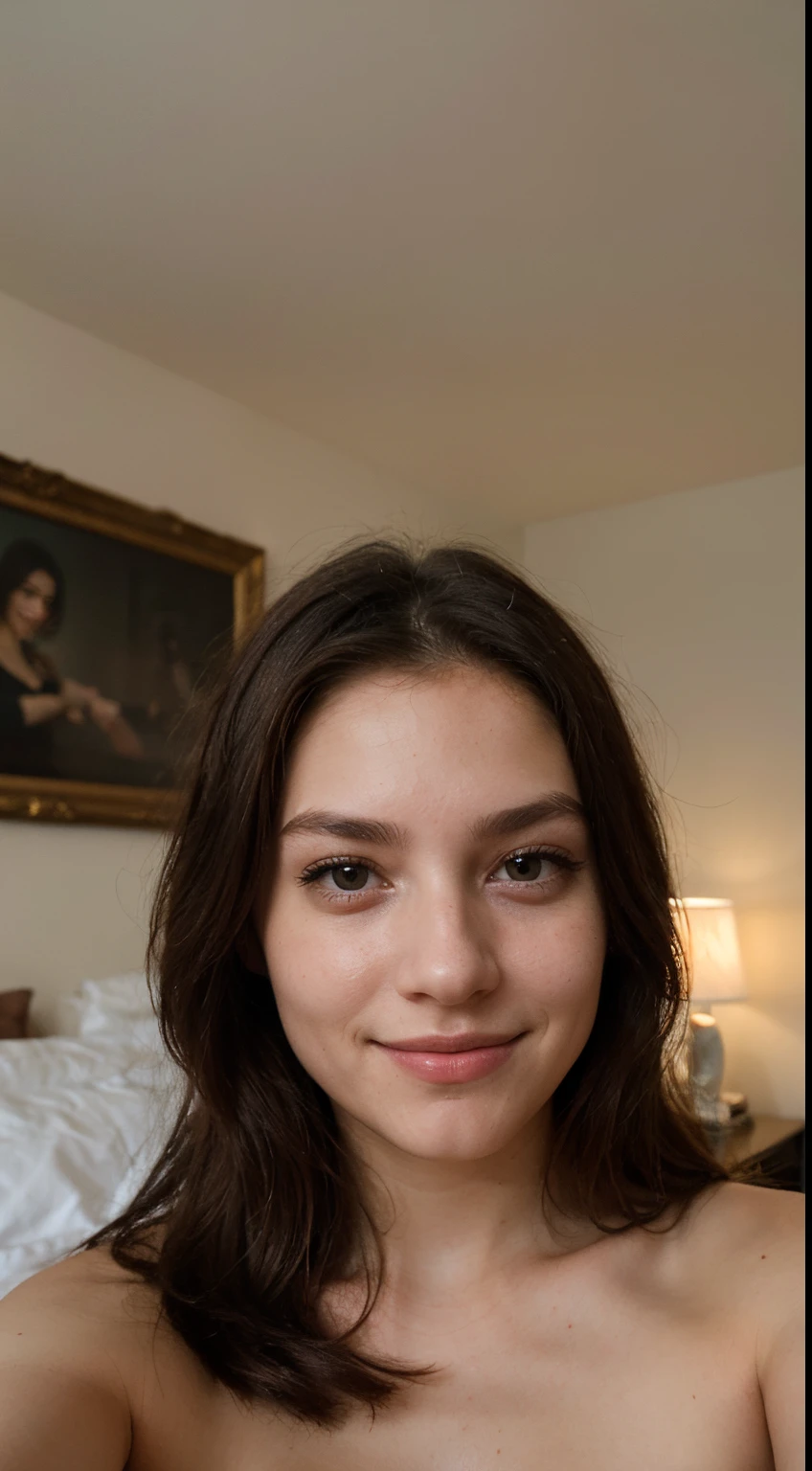 photography of a 20yo woman, perfect face, fully dressed, use the same face, masterpiece, same face, selfie style in bed, selfie, bed, very close, smiling, Lights on, laying in bed, head on pillow,