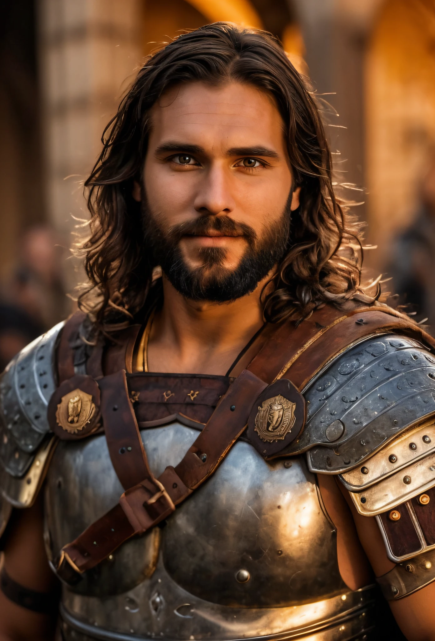 Close up of a man in armor with a beard, friendly, straight head, untilted head, slightly smiling, highly detailed, award winning photo, pores, acne