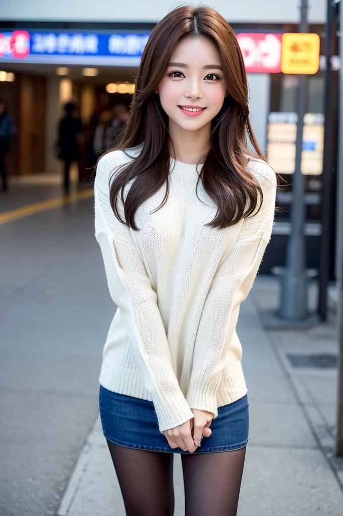 The most beautiful woman who works as a newscaster、with shiny brown hair、go shopping、in a white sweater、Denim miniskirt、black tights、Put on the、Very enchanting.。She's full of confidence々Smiled at.、toward to the camera。her fashion and expressions、A perfect balance between cuteness and elegance、It draws the viewer in and doesn't let go.。Through this scene、Express her charm to the fullest。