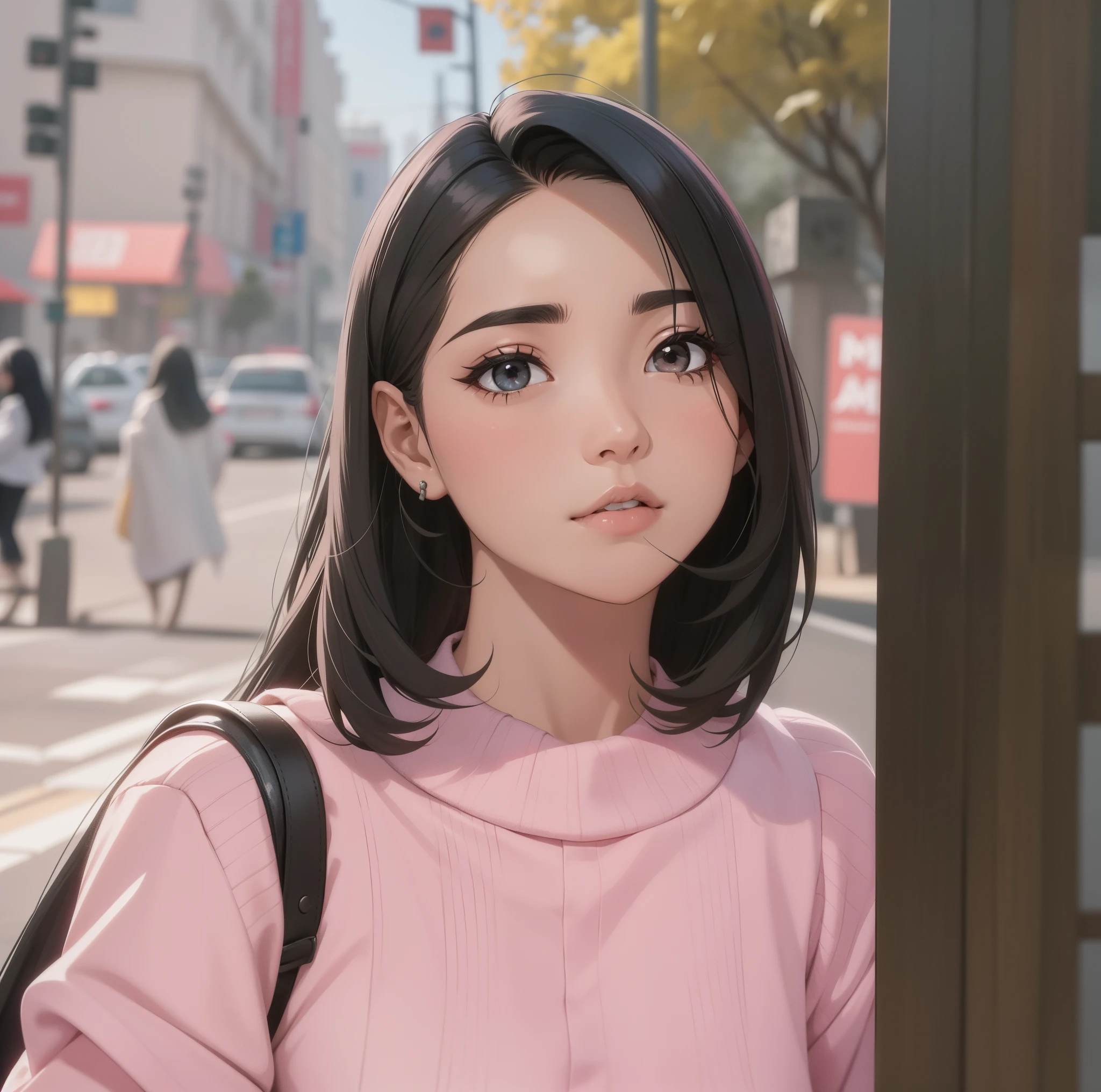 1 gadis cantik, rambut pendek, rambut pirang, memiliki mata indah, alis tipis, hidung mancung, bibir merah dan tersenyum, kulit putih, memakai pakaian rajut berwarna ping, anime, bola mata hitam, senyum lebar, latar belakang blur, gigi tidak terlihat, rambut rapih