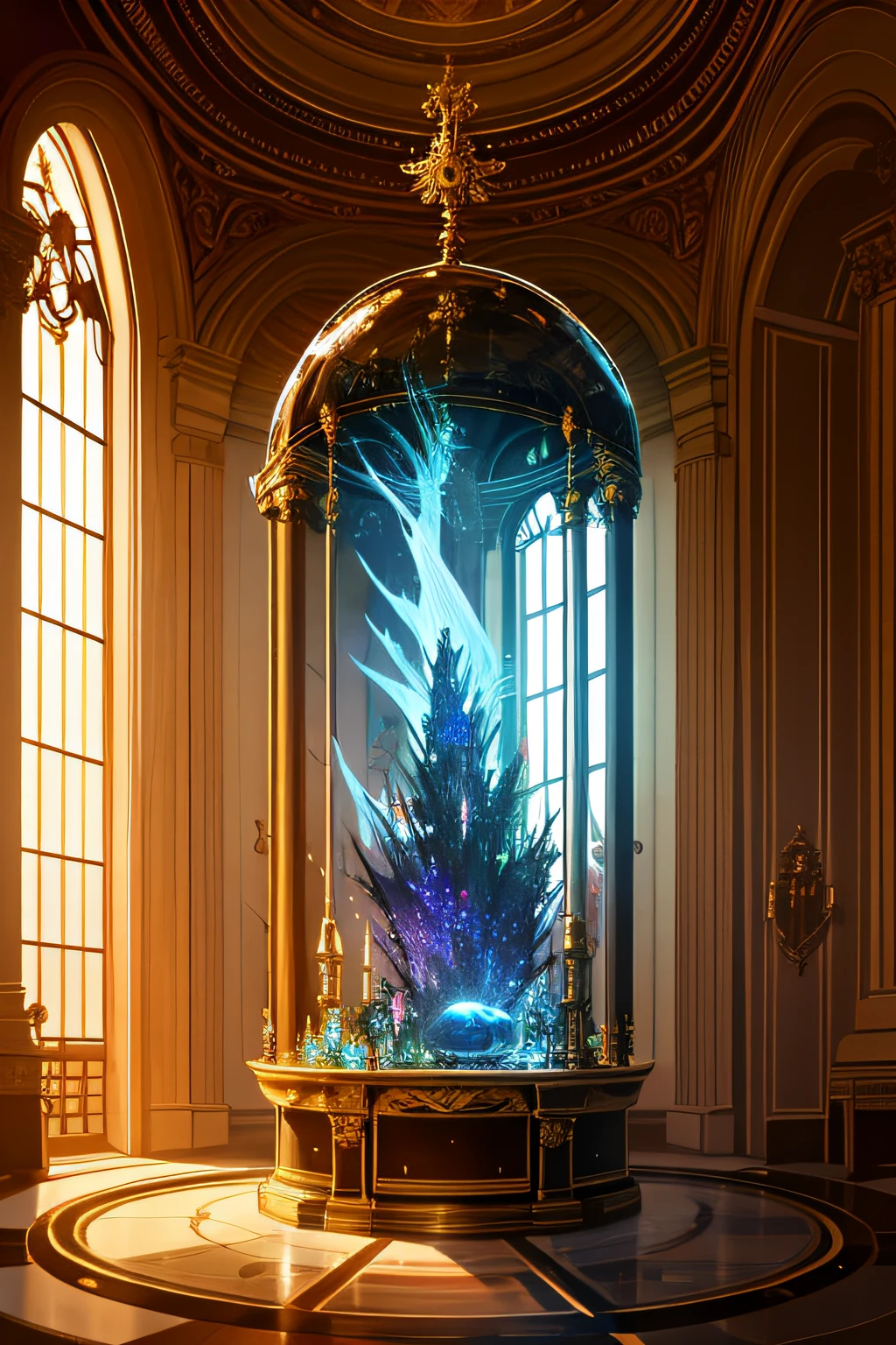 Sci-fi , round sealed room of gold and glass , Natural elements on altars , magic floating through the air , colorful elements , high details , realistic