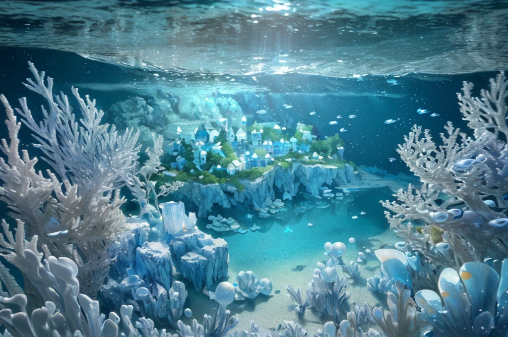 (Best quality,4K,8K,A high resolution,tmasterpiece:1.2),ultra - detailed，super complex,(((Undersea boat-shaped fairy tale village,Soft blue and white))),decorative shells,crystal-clear water,sparkling reflections,tranquil ambiance,(stunning sea view，secluded seabed,kids playing),Secrets hidden beneath the surface