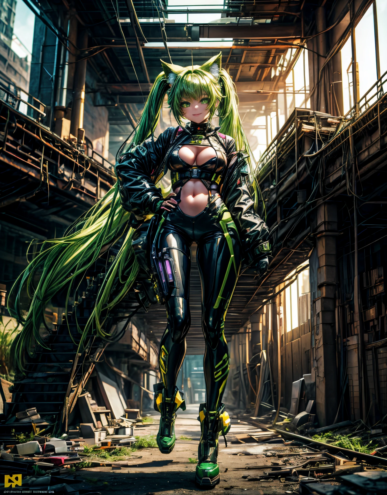 "Masterpiece in dystopian 4K resolution UHD high detail, with mecha_musume purple_glitter style, vibrant details in green and yellow, inspired by cyberpunk chaos. Vibrant green and yellow details capture the eye, while her towering cybernetic boots make a bold statement. Her pious eyes connect with the viewer, conveying a mix of courage and mystery. A graceful smile illuminates her face, framed by a headset with cat ears. Her short "light green" hair, with bangs and two pigtails, creates a fascinating contrast with the deteriorated setting of the underground oasis. Clear water, mud, pipes and crumbling concrete structures make up the environment , providing an intriguing and horrifying vision of cyber horror.|{The camera positioned very close to her, revealing her entire body as she adopts a _pose, interacting with and leaning on a structure in the scene in an exciting way.} | ((perfect_pose):1), She  adopting a ((_pose as interactions, boldly leaning on a structure, leaning back in a dynamic way):1.3), ((full body)), ((hands_with_5_fingers):1), ((perfect_hands):1), ((perfect_fingers):1), ((perfect_legs):1), better_hands, More Detail".