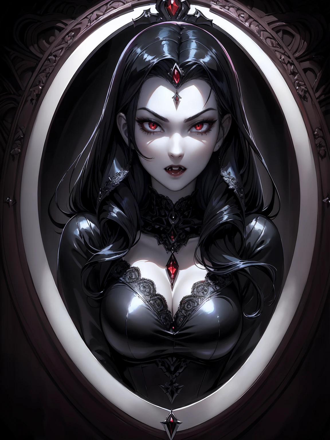 absurdres, ((stunning female Vampire))), goth Renaissance, (long black hair:1.erfect and detailed angular sharp oval shaped face, ((redeyes)), jewelry, red and black tetradic colors, full lips, gothic castle background, (solo), perfect anatomy, approaching perfection, ethereal, intricate details, ultra-high definition, 12k resolution, goth aesthetic, smooth, sharp focus, dreamy, glowing, backlit, glamour, glimmer, fantastical, shadows, smooth, Gothic crown, illustration