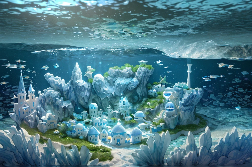 (Best quality at best,4K,8K,A high resolution,tmasterpiece:1.2),ultra - detailed,super complex,(((Undersea boat-shaped fairy tale village,Soft blue and white))),decorative shells,crystal-clear water,sparkling reflections,tranquil ambiance,(stunning sea view,secluded seabed,kids playing),The microscopic landscape spectacular and shocking