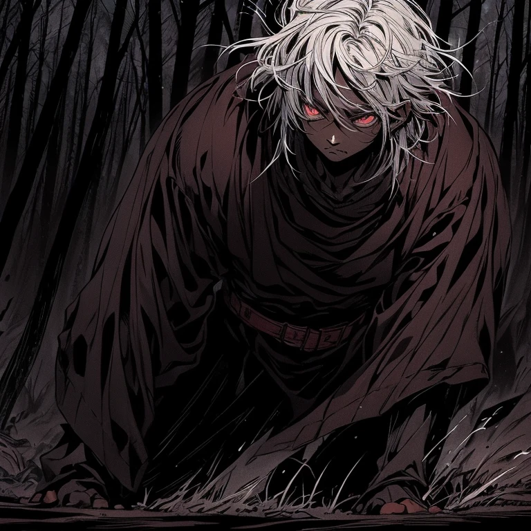 a dark skinned boy, with a red iris, aged six years, short kid, white hair, strong gaze, amidst the forest, vagabond art style, kentaro miura art style, berserk style, wide angle, basic fighting stance, pose, black robe dramatic, action pose, dynamic pose.