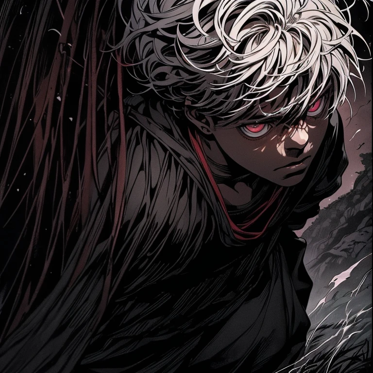 a dark skinned boy, with a red iris, aged six years, short ???, white hair, strong gaze, amidst the forest, vagabond art style, kentaro miura art style, berserk style, wide angle, basic fighting stance, pose, black robe dramatic, action pose, dynamic pose.