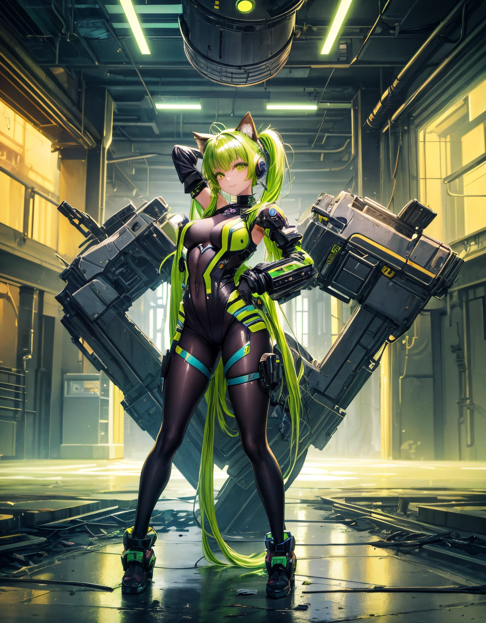 "Masterpiece in dystopian 4K resolution UHD high detail, with mecha_musume purple_glitter style, vibrant details in green and yellow, inspired by cyberpunk chaos. Vibrant green and yellow details capture the eye, while her towering cybernetic boots make a bold statement. Her pious eyes connect with the viewer, conveying a mix of courage and mystery. A graceful smile illuminates her face, framed by a headset with cat ears. Her short "light green" hair, with bangs and two pigtails, creates a fascinating contrast with the deteriorated setting of the underground oasis. Clear water, mud, pipes and crumbling concrete structures make up the environment , providing an intriguing and horrifying vision of cyber horror.|{The camera positioned very close to her, revealing her entire body as she adopts a _pose, interacting with and leaning on a structure in the scene in an exciting way.} | ((perfect_pose):1), She adopting a ((_pose as interactions, boldly leaning on a structure, leaning back in a dynamic way):1.3), ((full body)), ((hands_with_5_fingers):1), ((perfect_hands):1), ((perfect_fingers):1), ((perfect_legs):1), better_hands, More Detail".