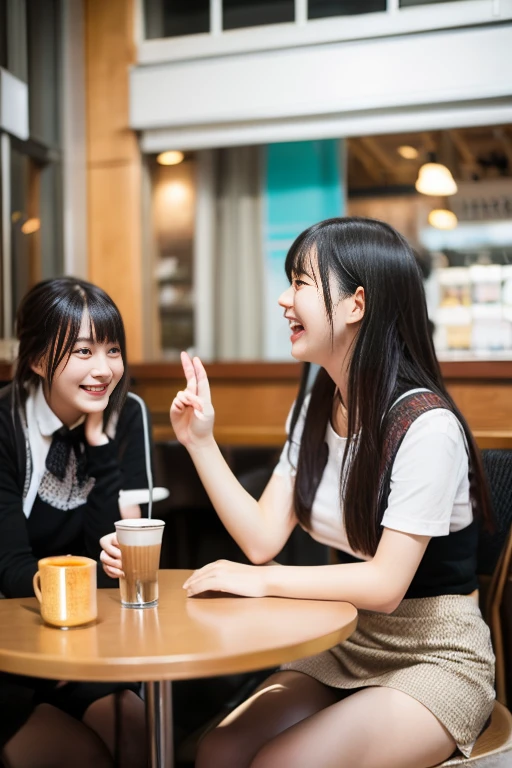 Model-like Japanese university students chatting happily at a cafe.、Sitting on a chair、Very short skirt、I can see my feet from under the desk、cafes、Looking into the distance、ami、portrait shooting、Very detailed face、Face like an idol、One leg is raised、Panties are visible