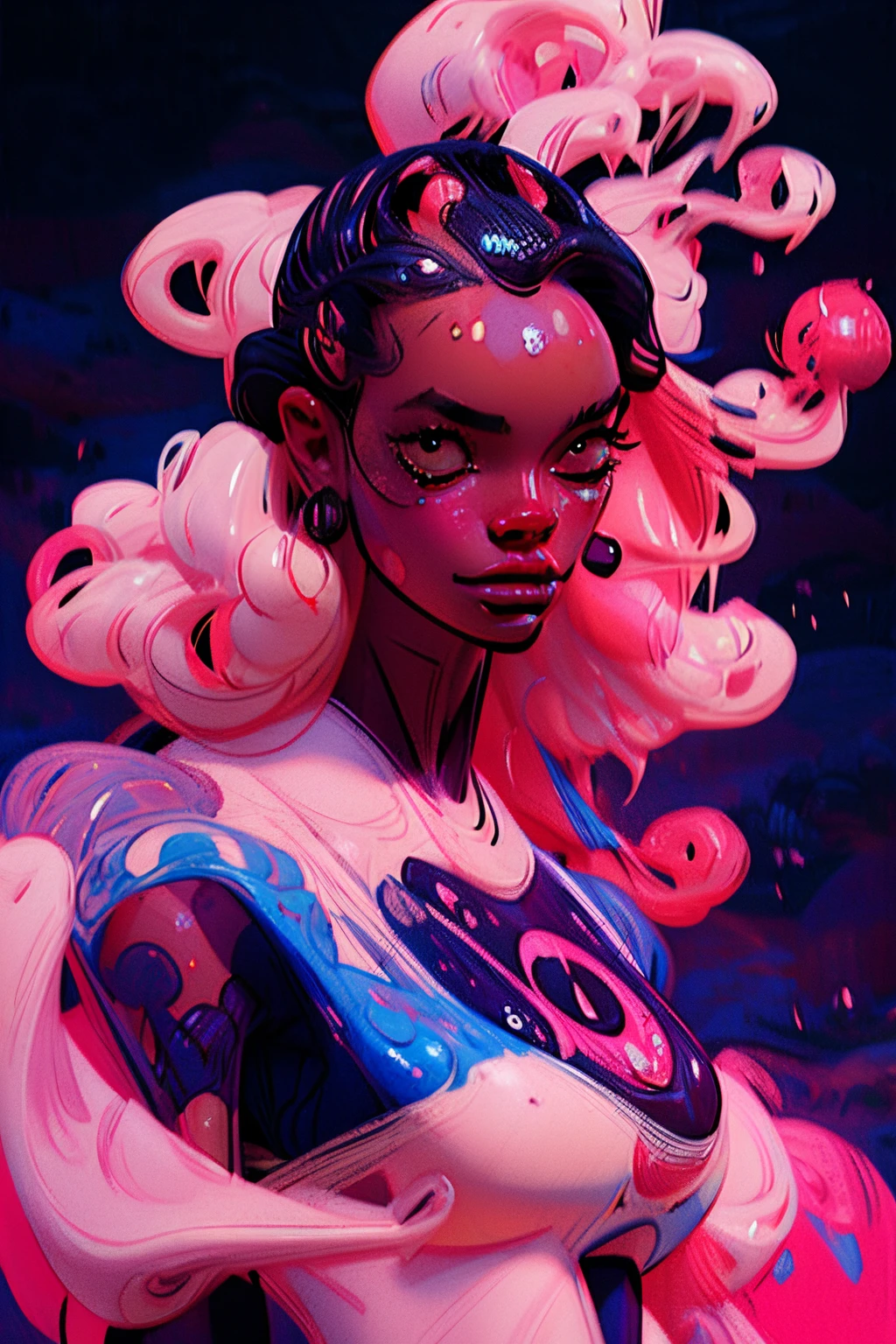 Woman, dark_skin, comic_work_of_Hokusai, psychedelic, abstract, dark_skin, vivid colours