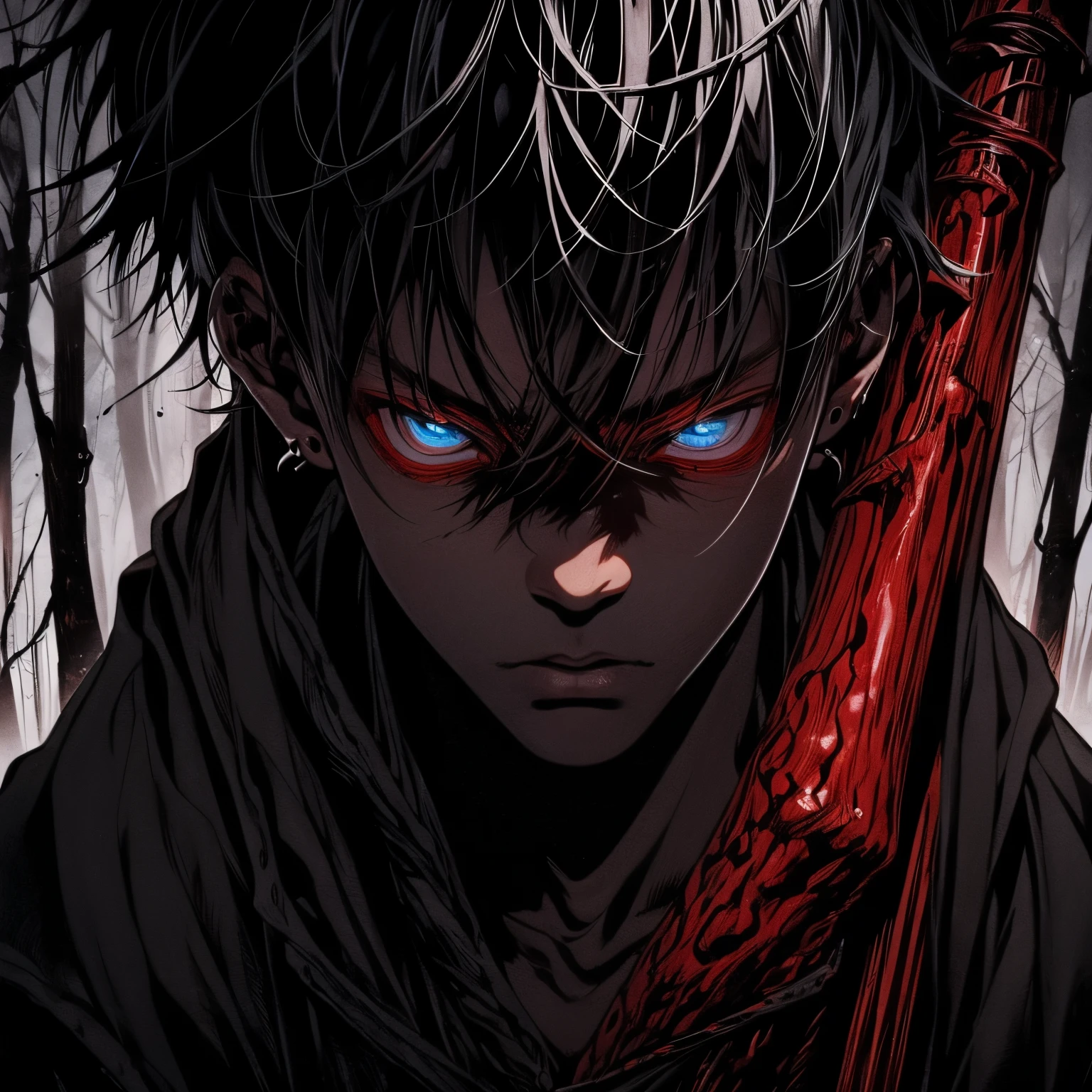 a dark skinned boy, with a red iris, aged six years, short kid, white hair, strong gaze, amidst the forest, vagabond art style, kentaro miura art style, berserk style, wide angle, basic fighting stance, pose, black robe dramatic, action pose, dynamic pose.