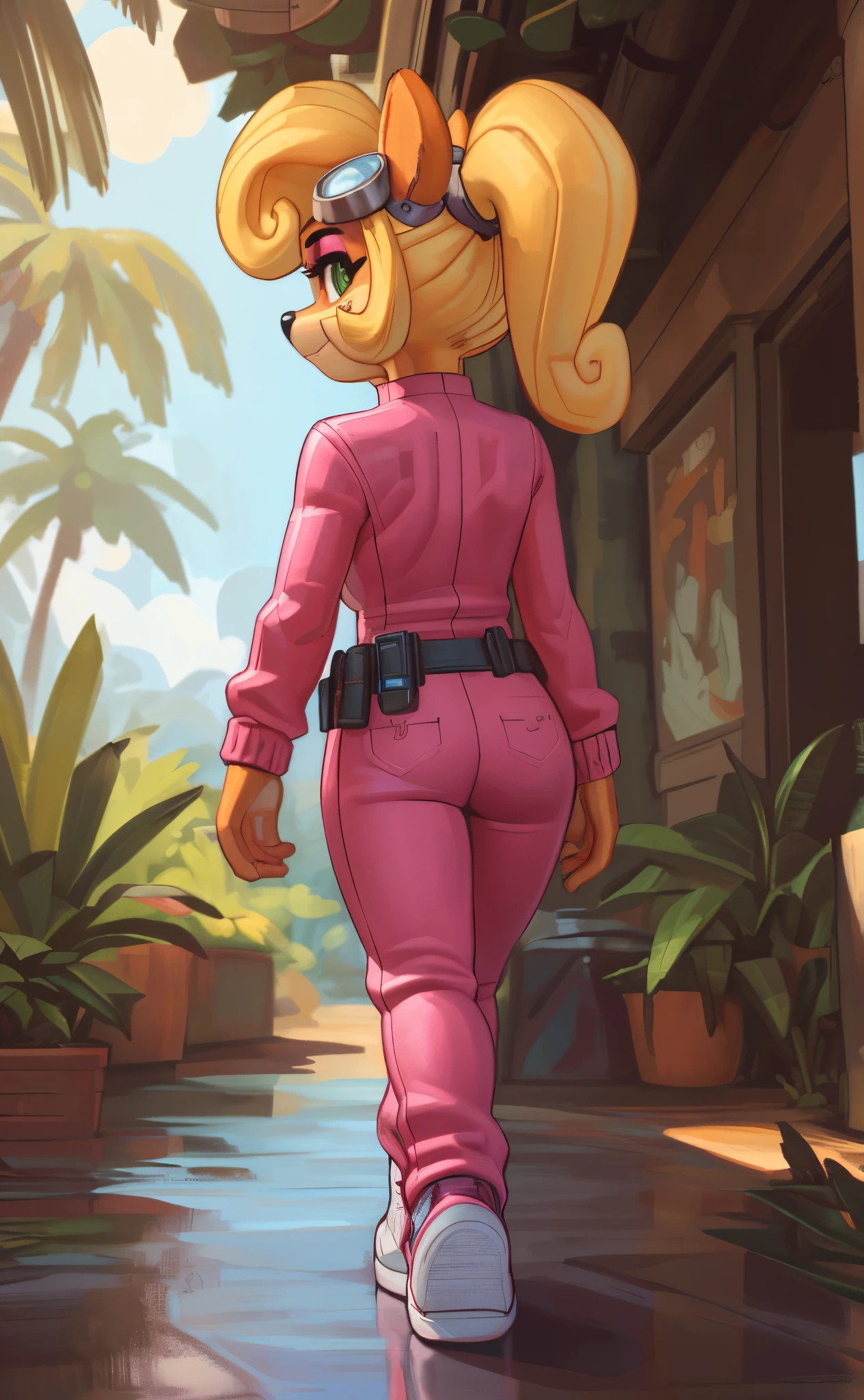 [Coco bandicoot], [Uploaded to e621.net; (Pixelsketcher), (wamudraws)], ((masterpiece)), ((HD)), ((solo portrait)), ((full body)), ((back view)), ((feet visible)), ((furry; anthro)), ((detailed fur)), ((detailed shading)), ((beautiful render art)), ((intricate details)), {anthro; orange fur, black nose, (cute green eyes), (pink eyeshadow), blonde curly hair, curly ponytail, (small boobs), (curvy hips), (slight smile)}, {(pink jumpsuit), (white shirt under jumpsuit), (long sleeves), (cleavage), (utility belt), (white sneakers yellow lines), (goggles on head)}, {(walking), (hand on head), (looking back), (looking at viewer)}, [background; (tropical forest), (garage), (blue sky), (sun rays), (ambient lighting)]